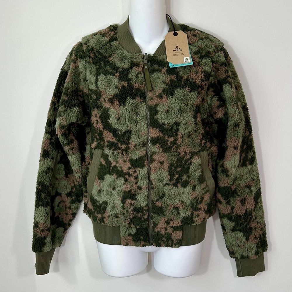 NWT Prana Polar Escape "Kale Wildflower" Bomber Jacket Reversible Fleece L